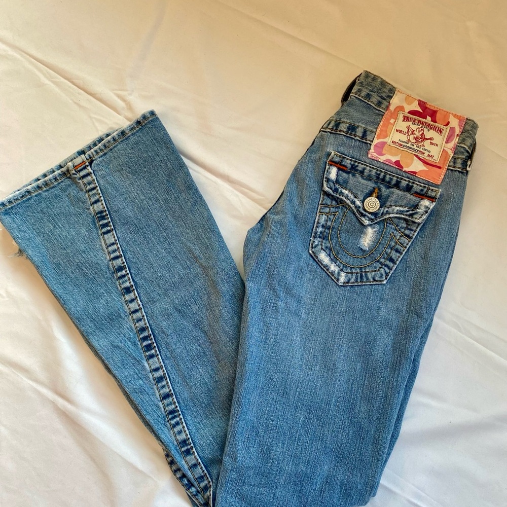 True Religion Vintage Woodstock Joey  Camo Patchwork Flare Jeans Size 26 - Picture 3 of 9